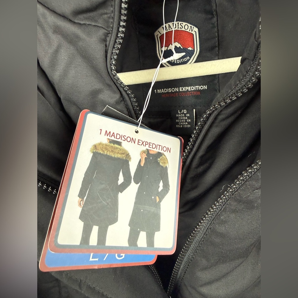 1 Madison Expedition Faux Fur Hooded Parka Coat Black L NWT F51 - Picture 9 of 9